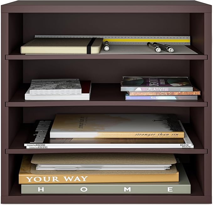 Ballucci 4-Tier Paper Organizer, Desk File Organizer, Stackable Letter Tray, Wood Mail Sorter with Adjustable Storage Shelves, Office Desk Organizer, Dark Brown, Espresso