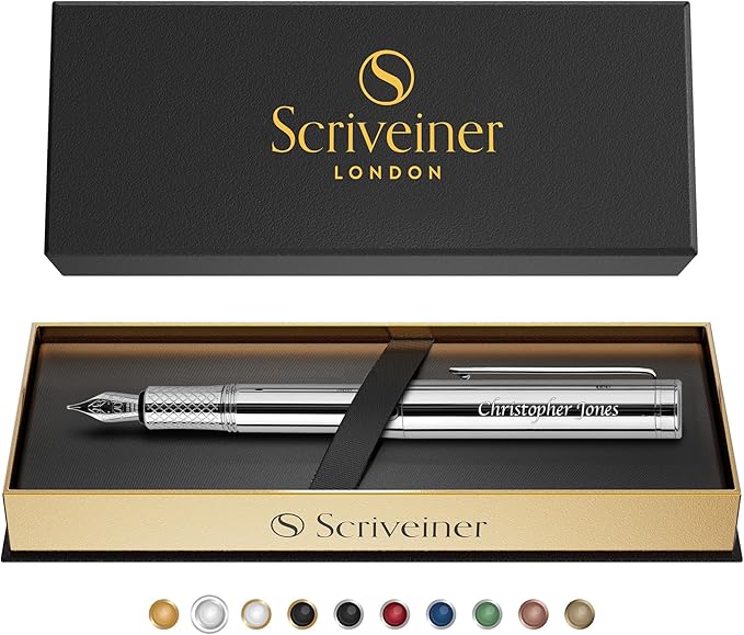Scriveiner Personalized Silver Chrome Fountain Pen (Medium), Award Winning Luxury Pen, Heavy Pocket Pen, Chrome Finish, Best Engraved Fountain Pen Gift Set for Men & Women, Name Engraving