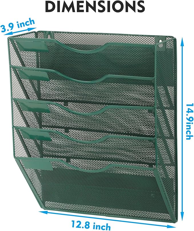 EASEPRES Magnetic 5 Pocket Mesh Hanging File Organizer, Wall Mounted Mail Paper Document Folder Holder, Clipboard Storage Organization Magazine Rack with Nametag Label for Office School, Dark Green