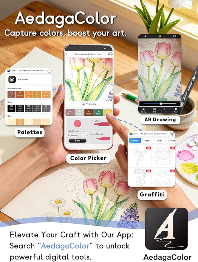 AEDAGA 100 Colors Numbered Dual Tip Brush Pens with Free App, Fine and Brush Tips Pens for Adults, Coloring Markers for Coloring Book Bullet Journaling Note Taking Planner Hand Lettering