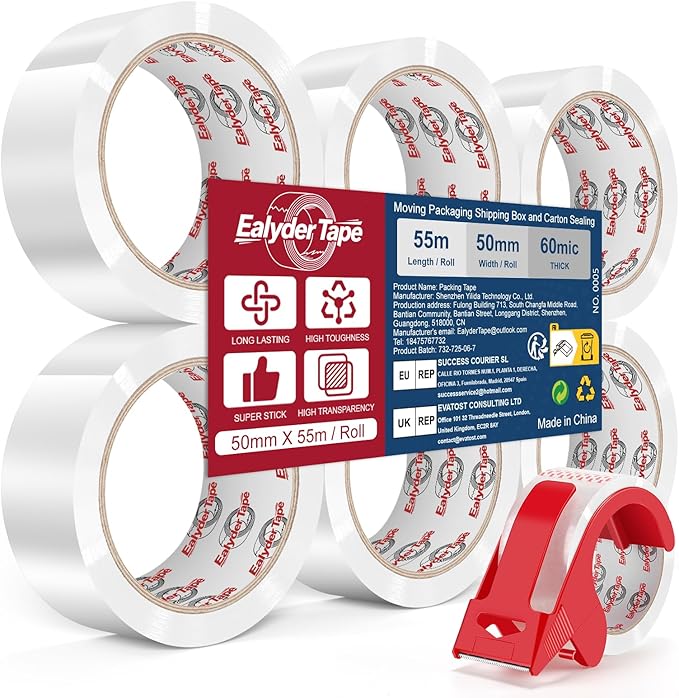 Ealyder Tape Transparent Packing Tape 2 inch x 60 Yards, 6 Rolls with Dispenser – Clear Heavy-Duty Parcel Tape for Secure Packaging, Total 360 Yards