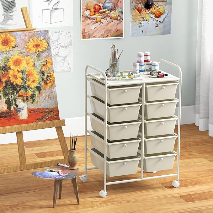 GLACER 10 Drawer Rolling Cart, Storage Cart with Lockable Whieels & Metal Frame, Trolley for Art Craft Oganizer, Mobile Utility Cart for Office, School, Classroom, Kitchen (Ivory Color)