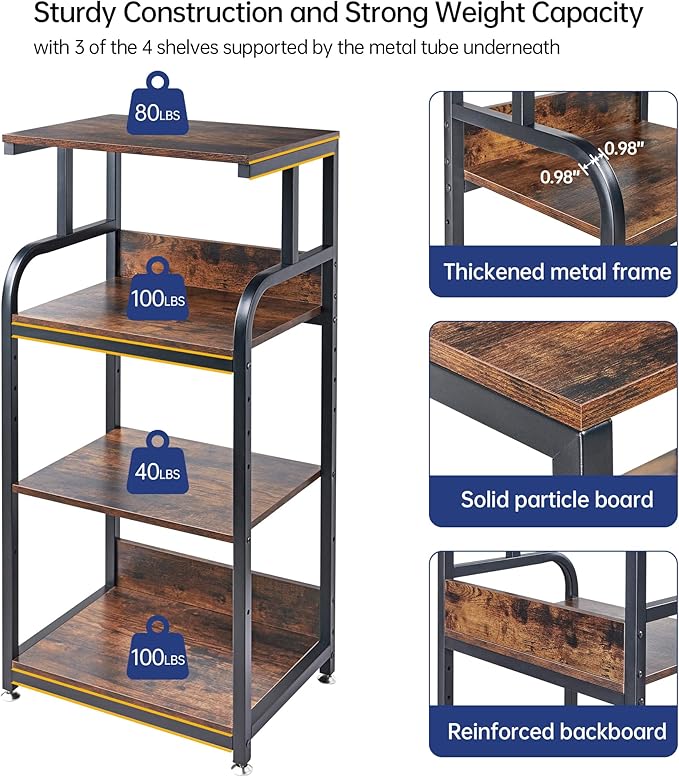Fannova 4-Tier Printer Stand with Adjustable Storage Shelf, Large Tall Printer Table with Wheels for Home Office Small Spaces Organization, Rustic Brown