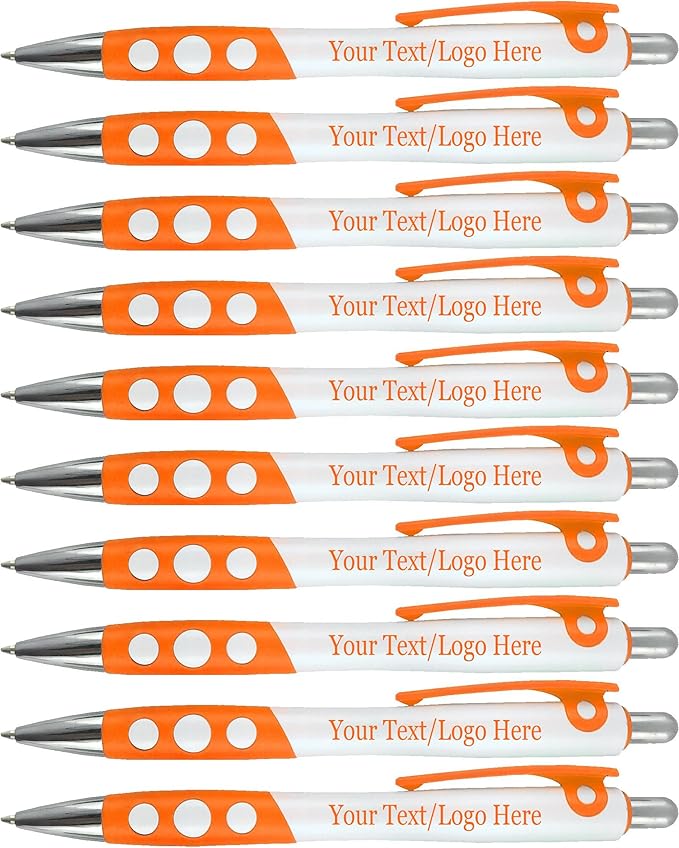 Personalized Ballpoint Pens With Custom Logo/ Text-350 Pack Bulk-for Businesses, Parties, & Events, Custom Printed, White Barrel with Matching Colored Clip and Grip, Click Pens, Black Ink, Orange