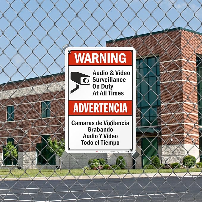 SmartSign 18 x 12 inch “Warning - Audio & Video Surveillance On Duty At All Times” Bilingual Sign, 63 mil Aluminum, 3M Laminated Engineer Grade Reflective Material, Red, Black and White, USA-Made