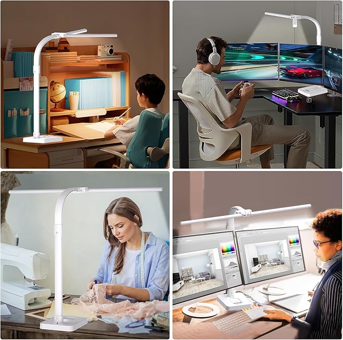 AKRRYR Led Desk Lamp for Home Office,24W Bright Eye-Caring Desk Light with Base,5 Brightness and 5 temperatures Dimmable Workbench Task Light, Adjustable Gooseneck Table Lamp for Monitor(White)