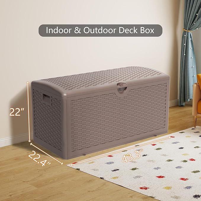 Decksplore 90 Gallon Pro Outdoor Storage Box Waterproof Lockable Resin Deck Box Large, Patio Storage Bin for Pool Accessories Cushion Furniture, Garden Tools, UV-Resistant Outside Delivery Brown