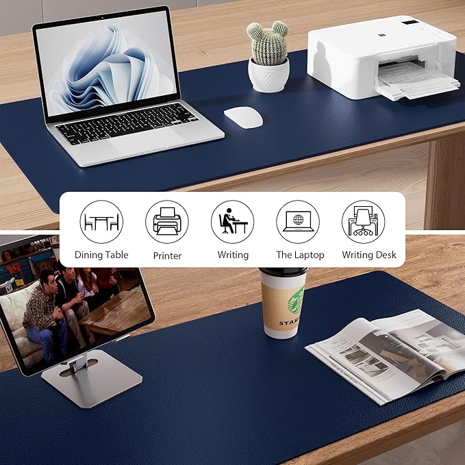Aothia Faux Leather Desk Mat – Large Mouse Pad, Non-Slip PU Leather Blotter, Waterproof Writing Surface for Office and Home (Dark Blue, 47.2" x 23.6")