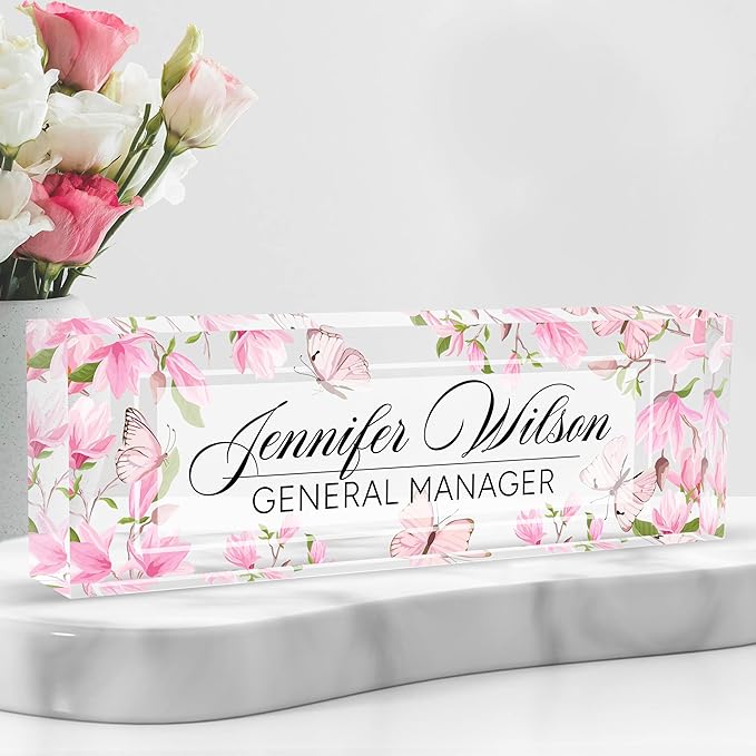AZUFEMOS Personalized Acrylic Desk Name Plate - Custom Employee Appreciation Gifts - Office Gifts for Women, Men, Boss, Coworkers, Teacher, Nurse (Pink Flower Butterfly)