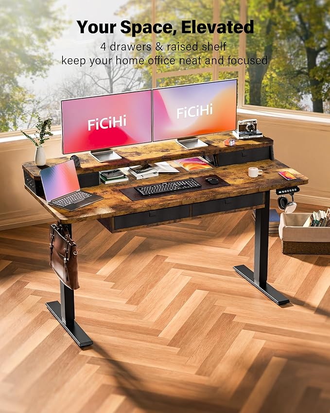FiCiHi Electric Standing Desk with Four Drawers, Adjustable Height Sit Stand Desk, C-Clamp Compatible Home Office Desk with Storage Shelf & Monitor Stand Riser, 55 x 24 Inch, Rustic Brown