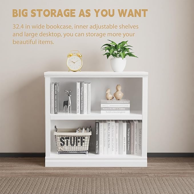 blini 2-Shelf White Bookcase Wooden Bookshelves 33in Wide Floor Standing Display Storage Shelves Low Bookcase for Home Office, Living Room, Bed Room