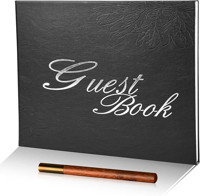 Black Leather Wedding Guest Book,Polaroid Guest Book for Vacation Home,Wedding Reception,Funeral,Party,Memorial Service,10.3x8'' Embossed Silver Guestbook,House Visitor Guest Sign in Book with Pen