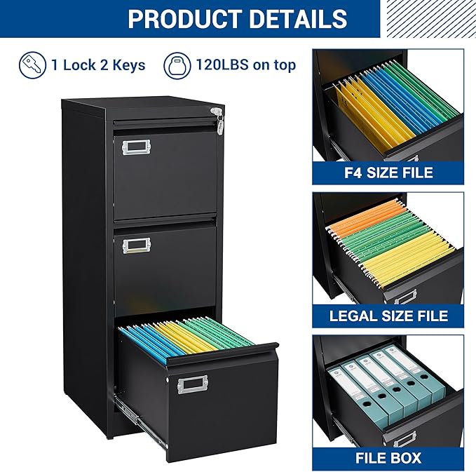 Fesbos Vertical File Cabinets - 3 Drawers 17.8" Deep Lockable Filing Cabinet - Metal Storage Cabinets for Home Office to Hanging Files Letter/Legal/F4/A4 Size