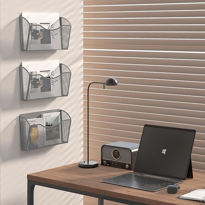 EasyPAG 3 Single Pocket Wall File Organizer, Mesh Hanging File Folder Organizer for Letter/A4 Size Folders, Wall Mounted Vertical Mail Holder for Paperwork, Office, Home, School, Silver