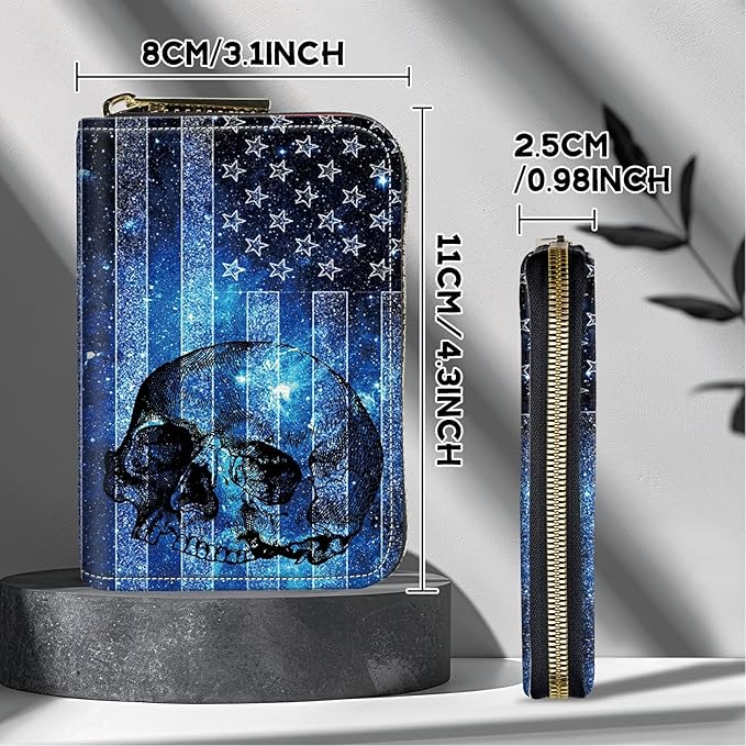 BWEGRHE Cute Credit Card Holder with Zipper, Blue Skull Flag RFID-Blocking Card Case Small Wallet for Women Men, Multi-slot Card Organizer Case Travel Accordion Wallet
