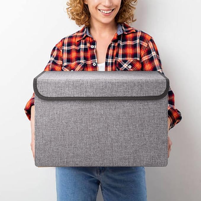 Bagnizer Large 17" 42 Quarts Collapsible Stackable Storage Bins with Lids [3-Pack] Foldable Fabric Linen Storage Boxes Cube, Closet Organizer Baskets with Label for Home (16.7 x 12 x 12, Gray)