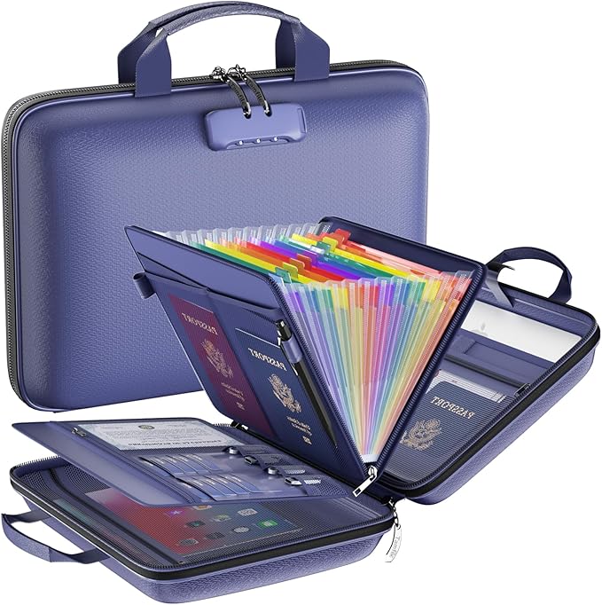 Fireproof File Organizer with Lock, Hard-Shell Case Fireproof Document Box with 13 Colorful Pockets Accordion File Folder, Important Document Organizer for Letter A4 Files Laptop Passports (Blue)