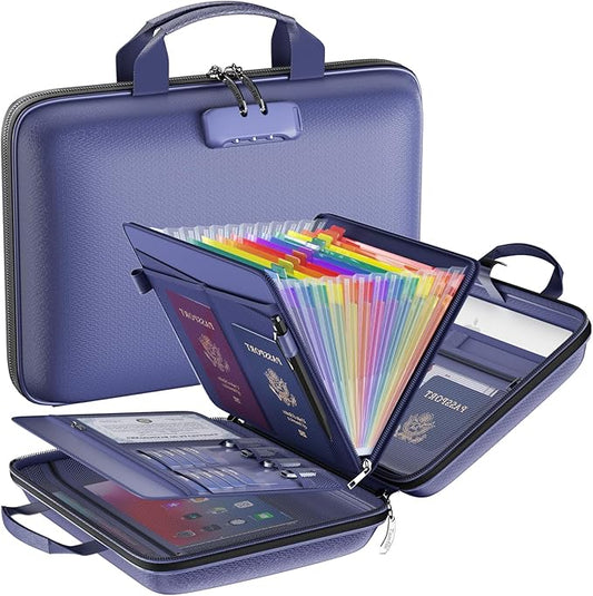 Fireproof File Organizer with Lock, Hard-Shell Case Fireproof Document Box with 13 Colorful Pockets Accordion File Folder, Important Document Organizer for Letter A4 Files Laptop Passports (Blue)