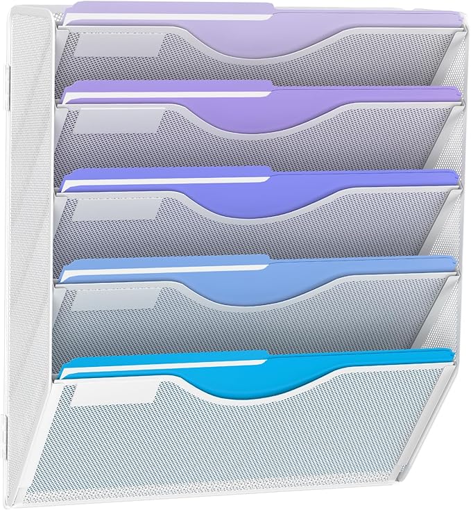 Gawerk 5 Tier Hanging Wall File Organizer, Mesh Mail Paper Orgnization Hanging File Folder Holder for Home Office, White
