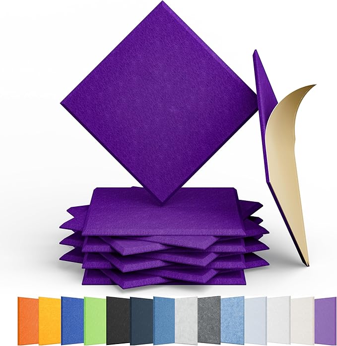 Amantech 12 Pack Acoustic Panels Self Adhesive Sound Proof Foam, High Density Sound Acoustic Panel, 12X12X0.4 Inch Square Panels in Home, Office, Reccording Room, Studio,and more(Violet)