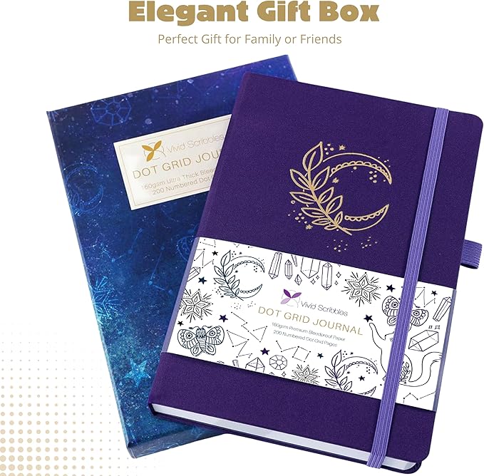 VIVID SCRIBBLES A5 Bullet DOTTED Journal – 160GSM Bleed-Proof Dotted Notebook with 200 Numbered Dot Grid Pages, Lay-Flat Hardcover with Pen Loop & Expandable Pocket (Purple Moon Design)