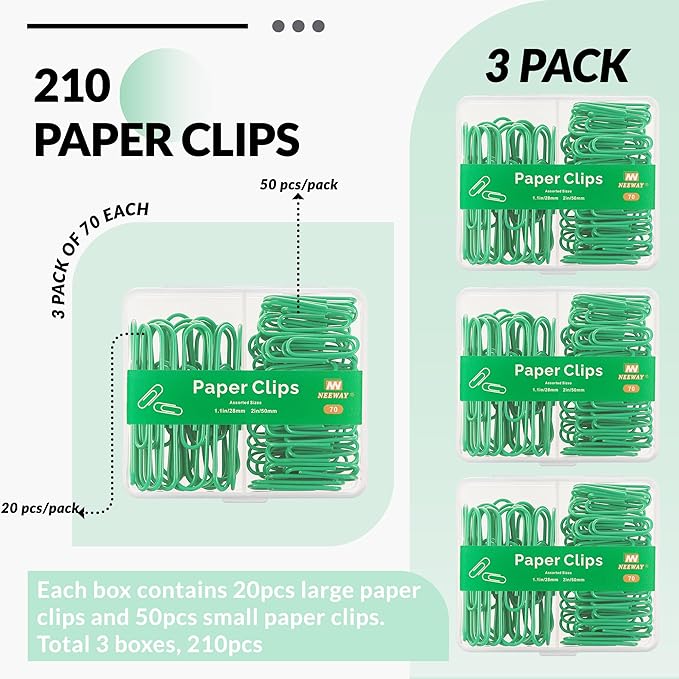NEEWAY Colorful Paper Clips Assorted Sizes, Small and Large Paperclips, 210 Count, 3 Pack of 70 (Green)
