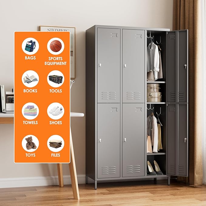 SUPEER 6 Doors Metal Lockers for Employees with 18 Hooks, Metal Employes Lockers with Ventilation Holes for School Garage Office Gym Home,Assembly Required,Dark Grey