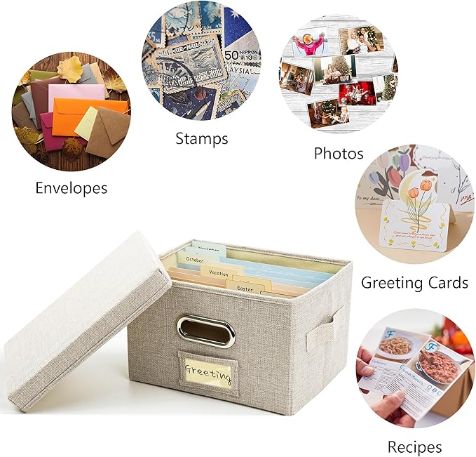 Remowith Greeting Card Organizer and Storage Box with 20 Pcs Adjustable Dividers, Storing Cards with 84 Pcs Labels Perfect for Storing Greeting Cards, Envelopes, Photos 2 Pack Beige