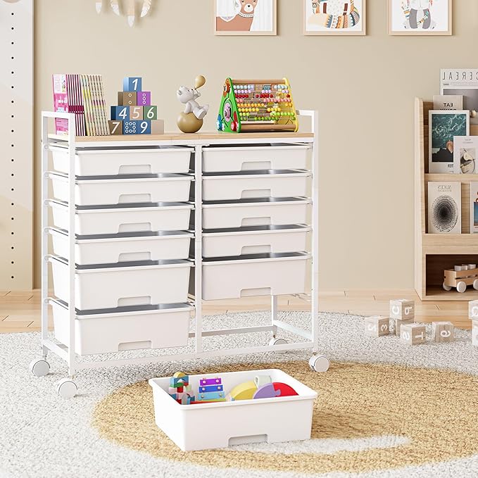 Rolling Storage Cart with 12 Drawers, Wooden Tabletop Utility Cart for Craft Storage, Art Supply Storage & Home Office Organization, Teacher Cart with Wheels for Classroom, School (White)