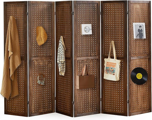 Aleesing 6 Panel Pegboard Display with 24 Hooks,Partition Room dividers, Wooden Room Divider Wall and Folding Privacy Screens, Pegboard Room Divider, Bedroom, Balcony, Dark Brown