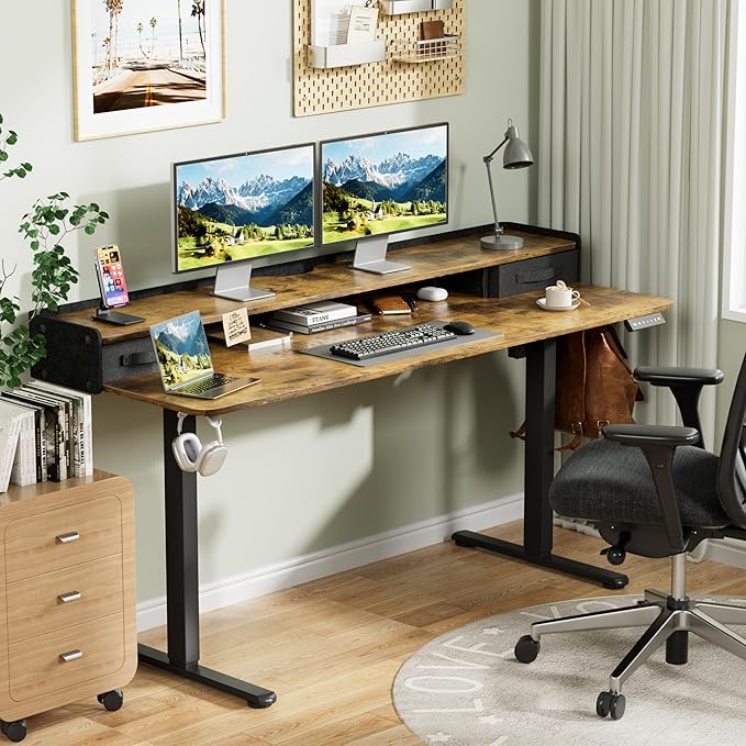 Homall Electric Standing Desk with 2 Drawers, Adjustable Height Computer Desk with Monitor Shelf Sit Stand Table with Splice Board Quick Install for Home Office (Rustic Brown, 63 Inch)