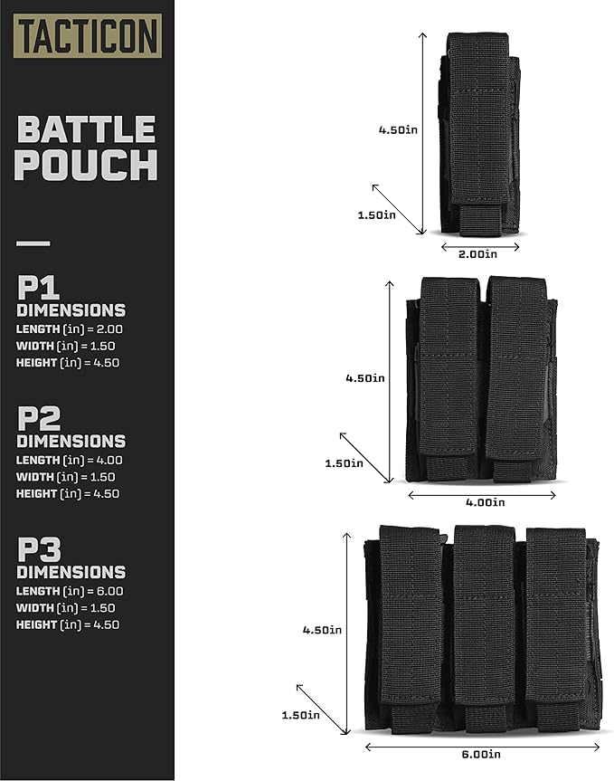 Tacticon P1 P2 P3 BattlePouch | Universal Pistol Mag Pouch | Combat Veteran Owned Company | Molle Single Double Triple Pistol Magazine Holster for Ammo | Tactical Bag Accessories Holder
