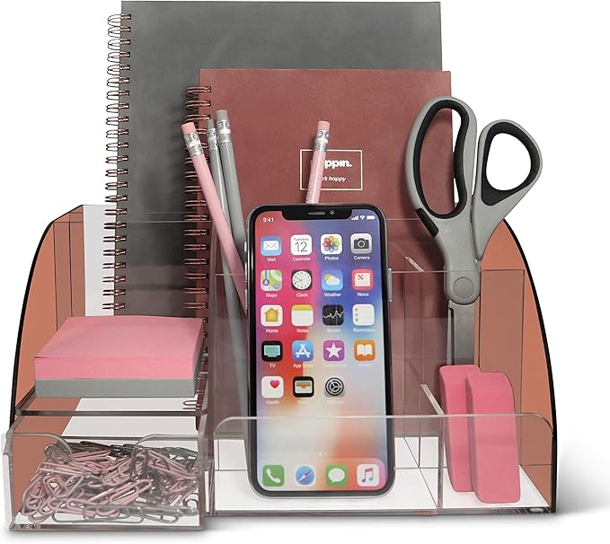 My Space Organizers Rose Gold Desk Organizer, Acrylic, 9 Compartments, Office Supplies Desk Accessories Organizer with Drawer, Pen Holder, Office Decor Desktop Organization (Rose Gold)