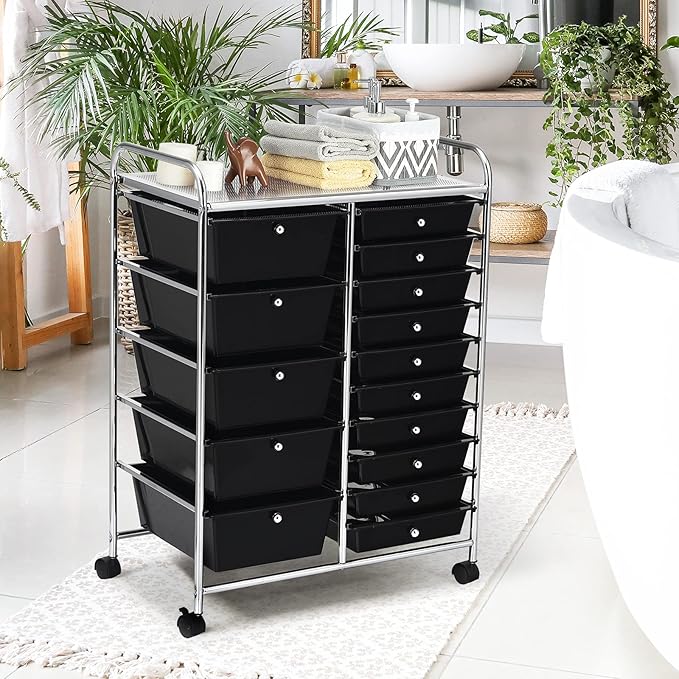 GOFLAME 15-Drawer Rolling Storage Cart, Craft Storage Cart with Removable Drawers & Lockable Wheels, Art Cart Supply Storage Organizer for Home Office Classroom, Black
