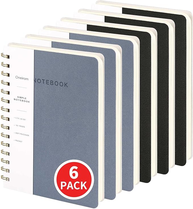 Spiral Notebook-5.75" x 8.125" College Ruled Journal with Inner Pockets and 160 Pages,PU Leather Cover Business Journal, Twin-Wire Binding Notebook Perfect for Office & Home School Supplies 6 pack Black/Reefblue