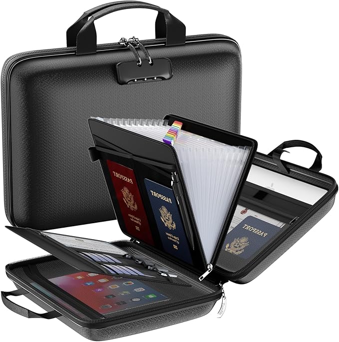 Fireproof File Organizer with Lock, Hard-Shell Case Fireproof Document Box with 13 Pockets Accordion File Folder, Important Document Organizer for Letter A4 Files Laptop Passports (Black)