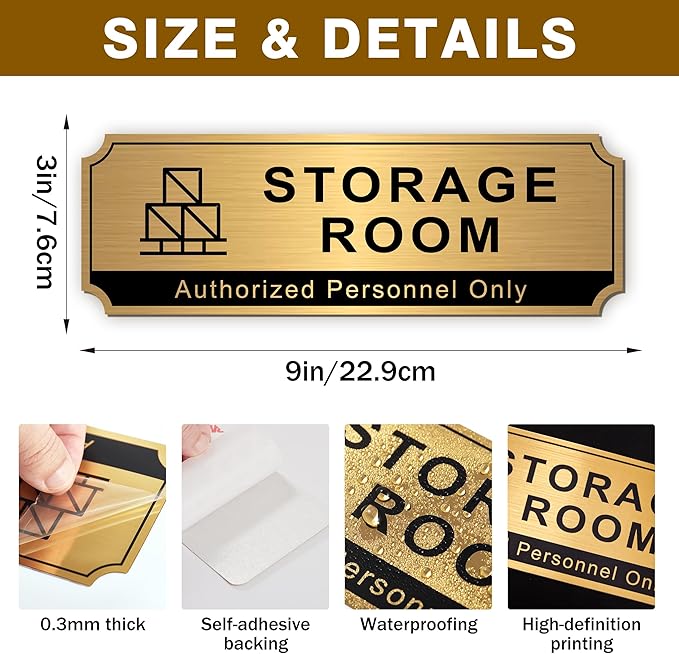 Storage Room Sign for Business Door, Self-Adhesive Durable Modern Brushed Gold Storage Sign, UV and Weather Resistant Authorized Personnel Only Sticker for Home, Business, Restaurants, Private Area