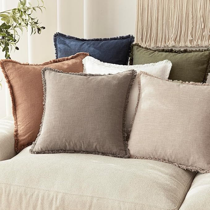 Foindtower Set of 2 Decorative Linen Fringe Throw Pillow Covers Boho Farmhouse Cushion Cover with Tassels Accent Pillowcase for Couch Chair Sofa Bed Living Room Home Decor,16×16 Inch,Brown Tan