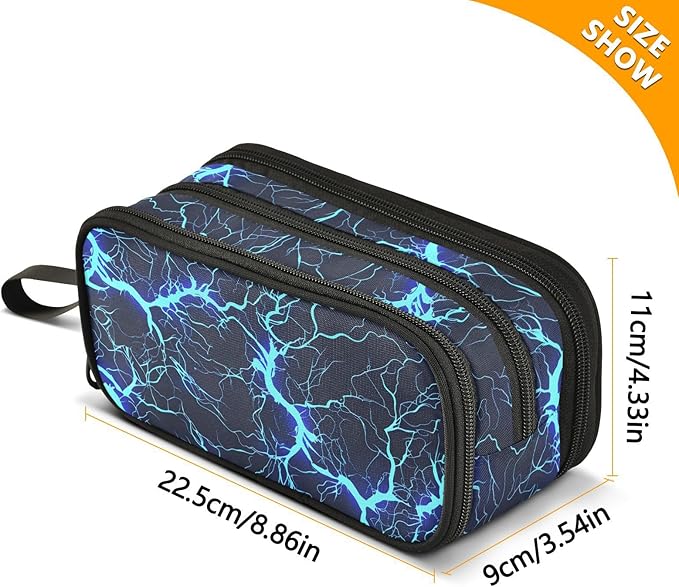 BOENLE Dark Blue Electric Lightning Pencil Case Box Boys Girls Large Pencil Pouch with Zipper Compartments Big Capacity Stationery Pen Bag Organizer for Kids Teens Adults School