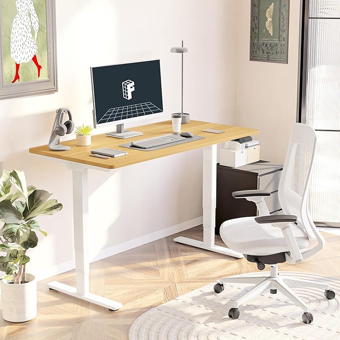 FLEXISPOT E6 3-Stage Dual Motor Electric Standing Desk 55 x 28 Sit Stand Up Desk, Holds 220 lbs, Adjustable Height w/Memory Presets, One-Piece Maple Desktop & White Frame, Ships in 2 Boxes
