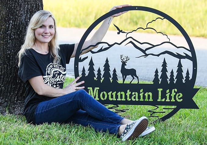 RealSteel Personalized Outdoor Metal Sign, Customize the Great Outdoor Deer & Mountain Monogram, Rustic Cabin, Lodge, or Home Décor, Laser Cut Steel Wall Art, Family Gifts
