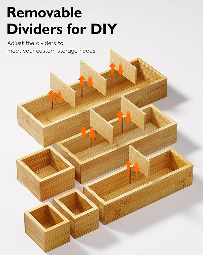 VA1KENE 12-Piece Bamboo Desk Drawer Organizer Set – Adjustable Storage Boxes with 24 Compartments, Non-Slip, Modular Design for Office, Jewelry, Vanity, and Kitchen Utensil Drawer Storage