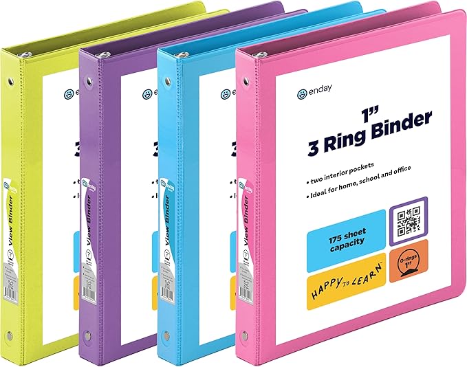 1 Inch 3 Ring Binder 1” Binder Clear View Cover with 2 Inside Pockets, Colored School Supplies Office and Home Binders Assorted Colors May Vary (4 Pack) – by Enday