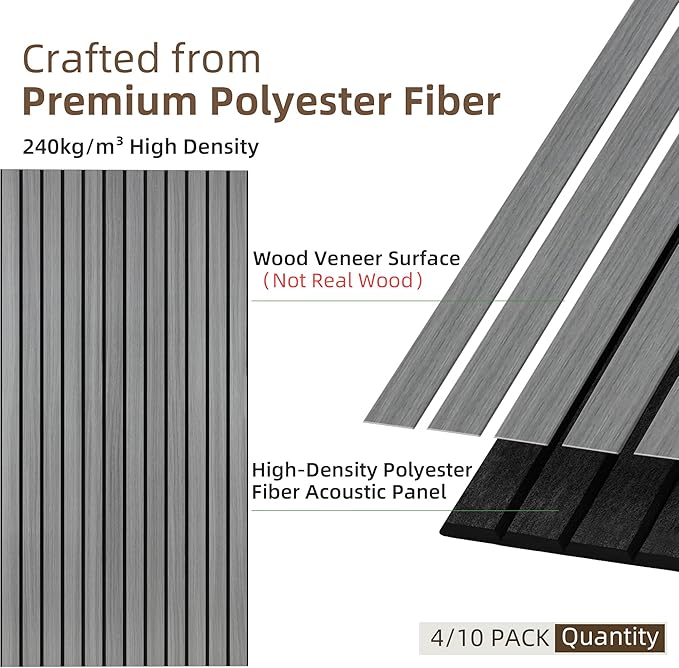 TO-TH Wood-Look Acoustic Wall Panels, 10 Pack 47.2” x 23.6” Sound Panels, Decorative Wood Panels for Wall Sound Dampening Panels for Home, Office, Basement, Gray Oak with Mitered Edges