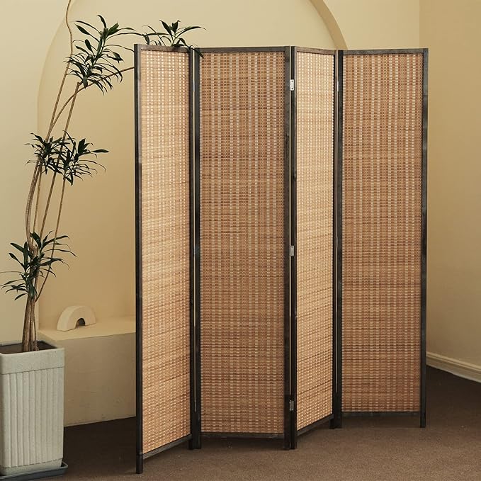 Furnnylane 4 Panel Bamboo Room Divider and Folding Panel Screen,Bamboo Panel Divider for Room Separation,Brown,67" H x 61.4" W