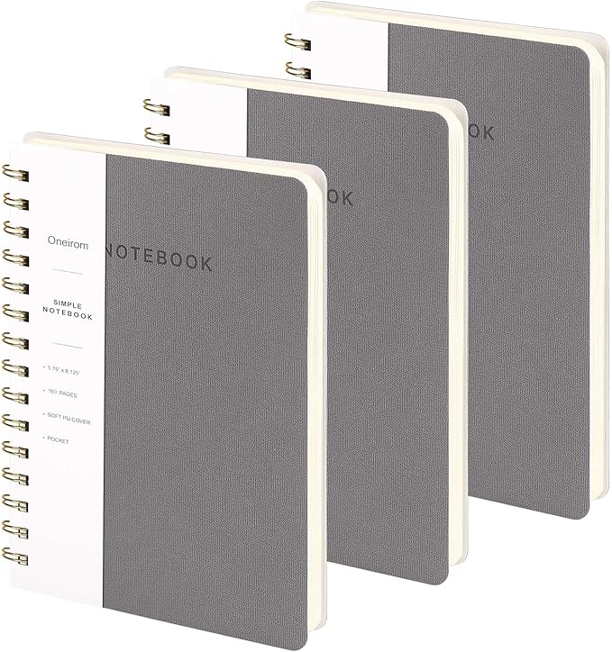 Spiral Notebook-5.75" x 8.125" College Ruled Journal with Inner Pockets and 160 Pages,PU Leather Cover Business Journal, Twin-Wire Binding Notebook Perfect for Office & Home School Supplies 3 pack Grey