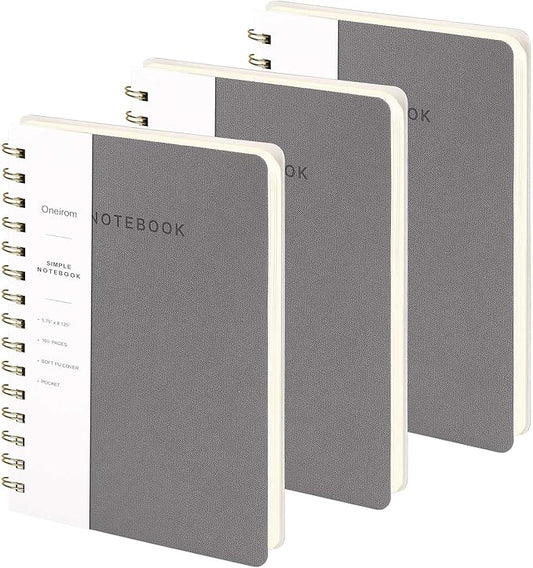 Spiral Notebook-5.75" x 8.125" College Ruled Journal with Inner Pockets and 160 Pages,PU Leather Cover Business Journal, Twin-Wire Binding Notebook Perfect for Office & Home School Supplies 3 pack Grey