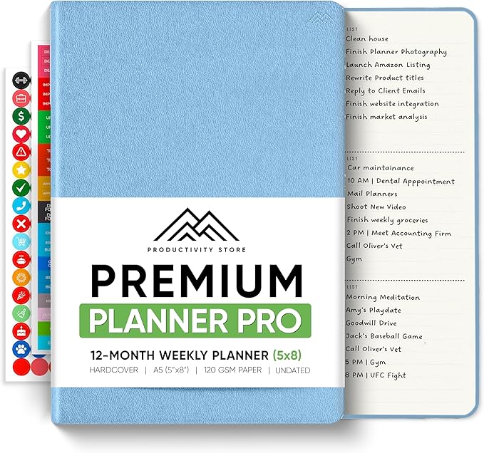 PRODUCTIVITY STORE Pro - Undated, 2026 Planner, 5.8” x 8.3” - The #1 Productivity Planner to Achieve Your 2026 Goals - Planner 2026-2027 - Blue - A5