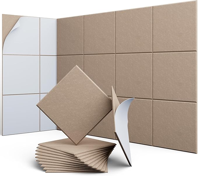 UNECHO 12 Pack 12" X 12" X 0.4" Acoustic Panels for Wall Sound Absorbing,Square Self-Adhesive Sound Panels, High Density Suitable for Multiple Scenarios(Dark Camel)