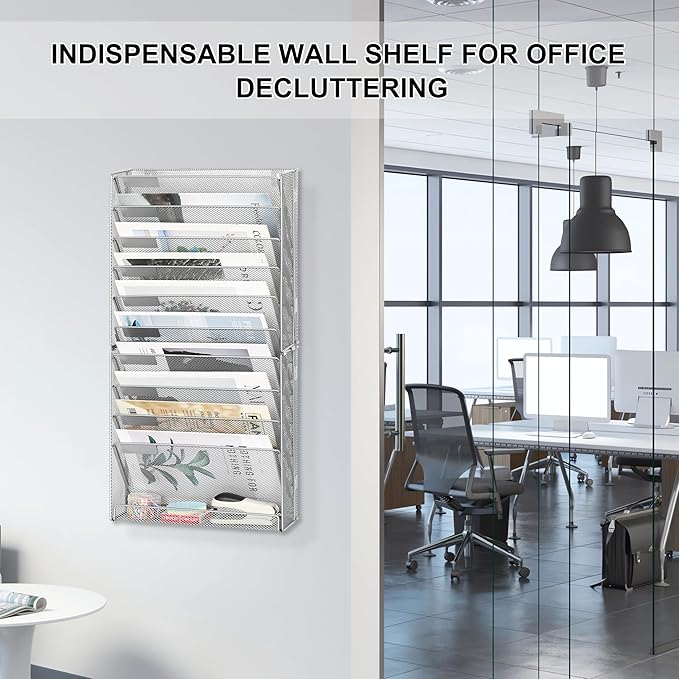 EasyPAG Wall File Holder 10 Tier Mesh Hanging Folder Organizer with Flat Tray Wall Mounted Mail Organizer Magazine Paper Desk Shelf with Nametag Label for Office Home School, Silver
